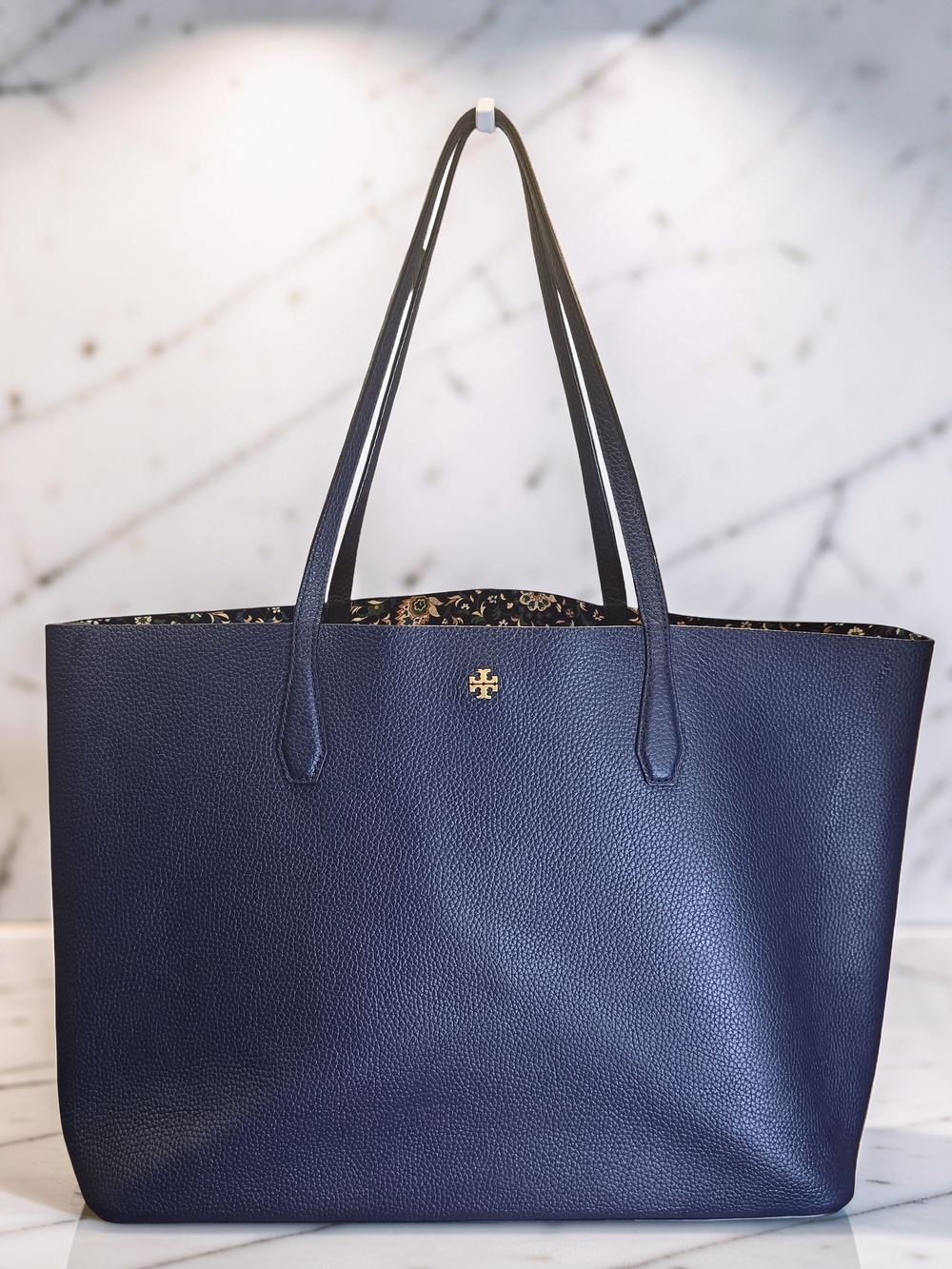 Tory Burch Navy Blue Pebbled Leather Tote Bag